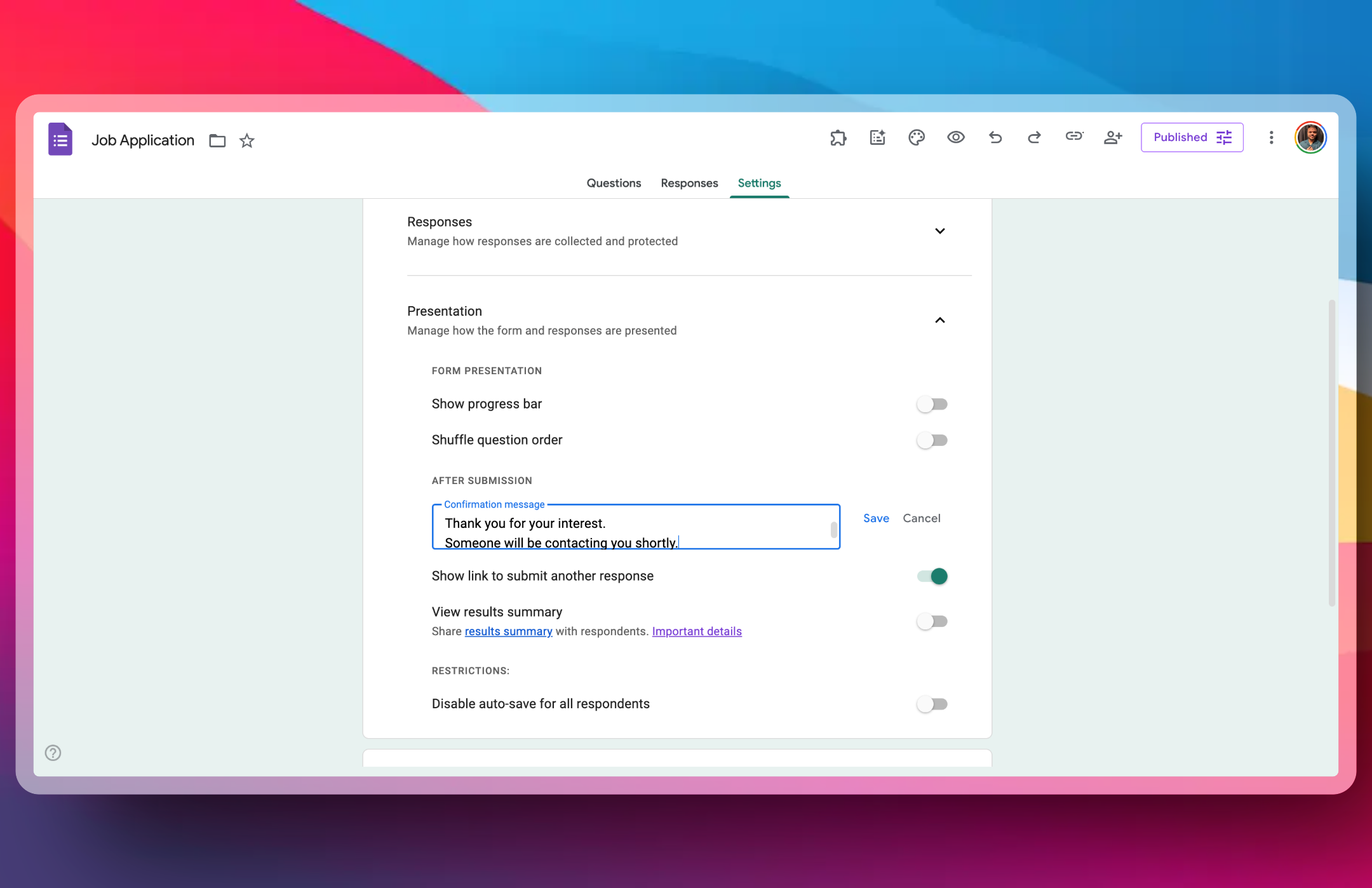 Google forms redirect after submit