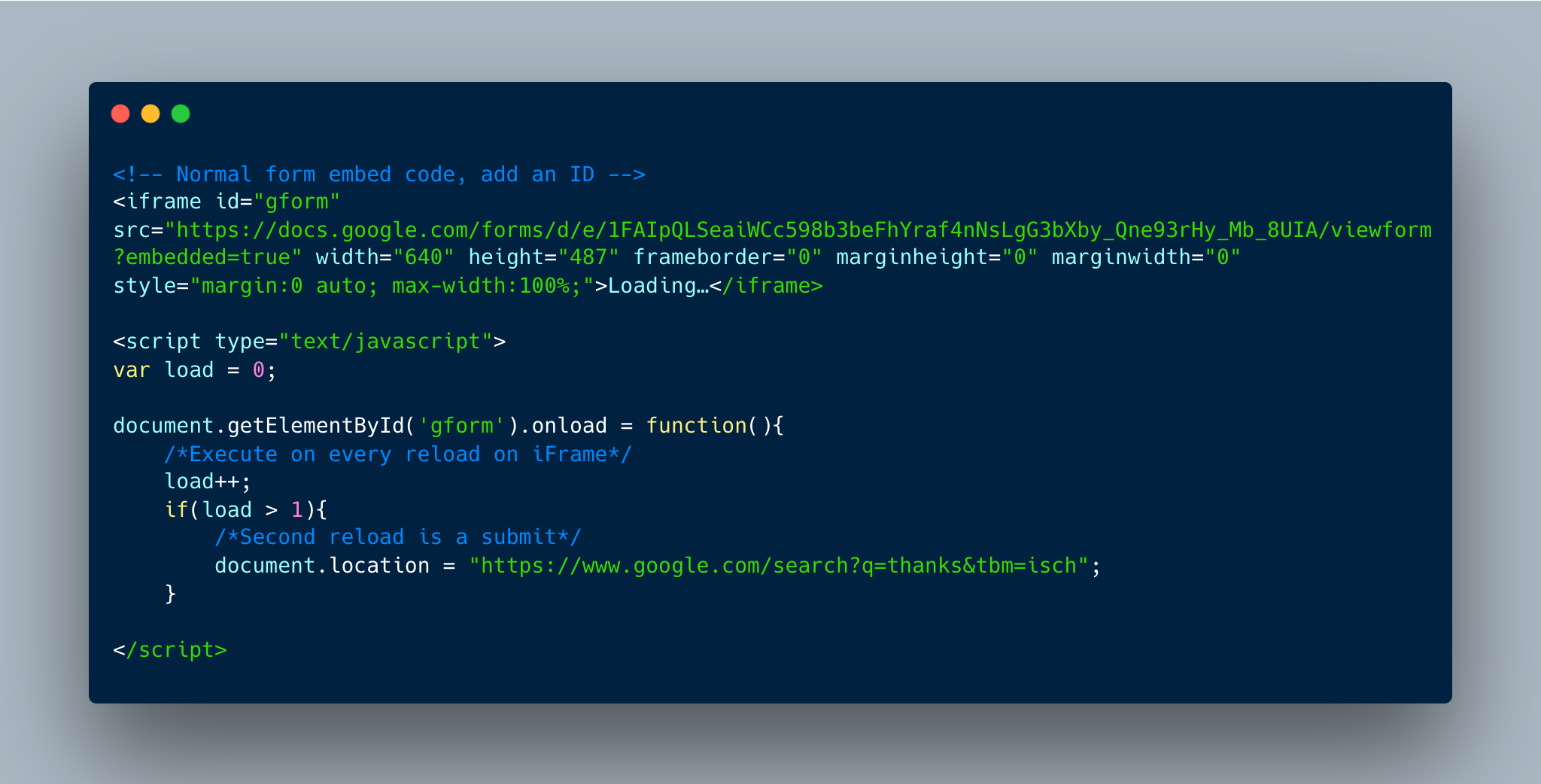 Google form redirect after submit (solution using embed code)