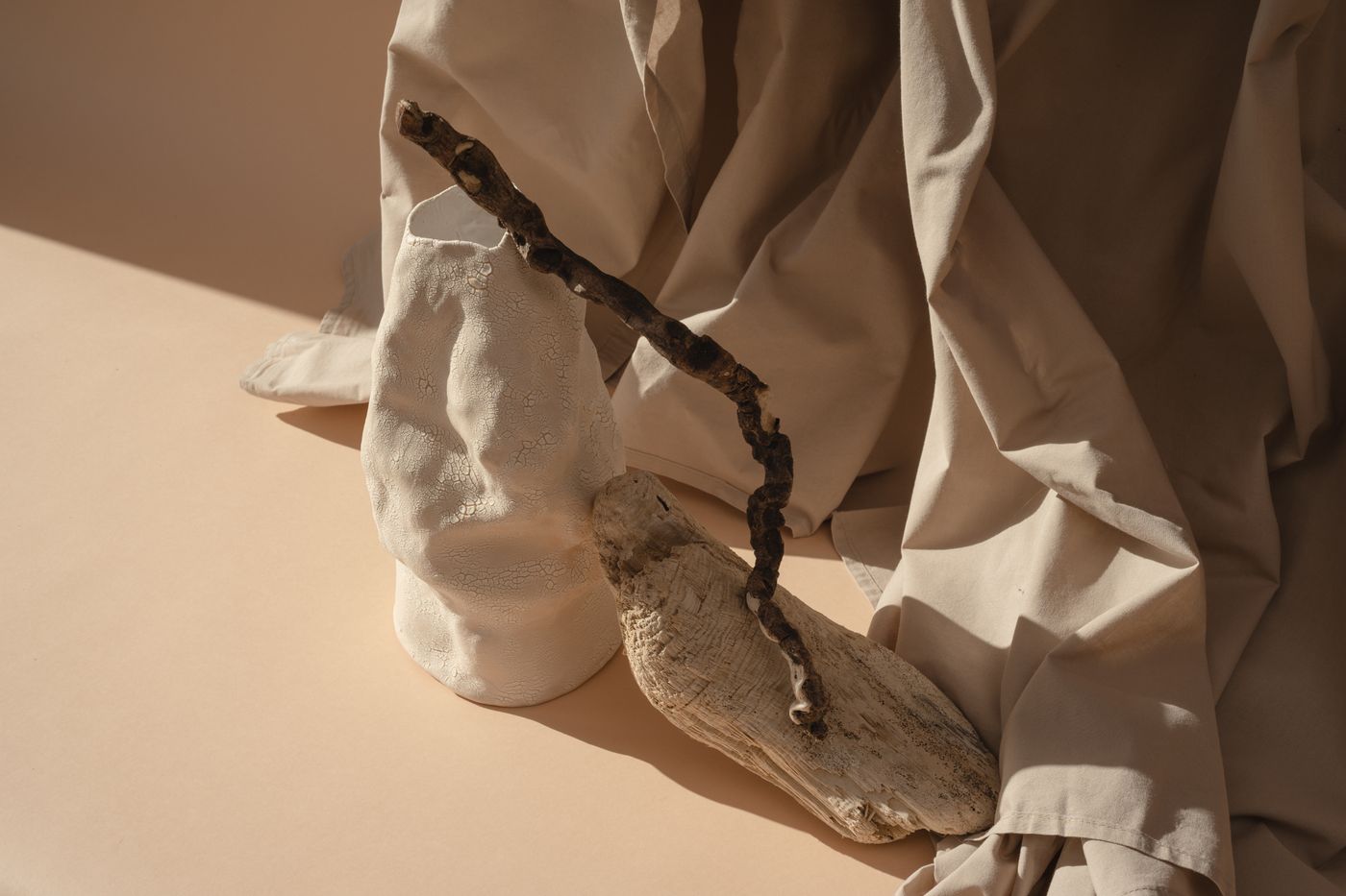 Stock still life of a ceramic vase and a branch on a warm beige surface.
