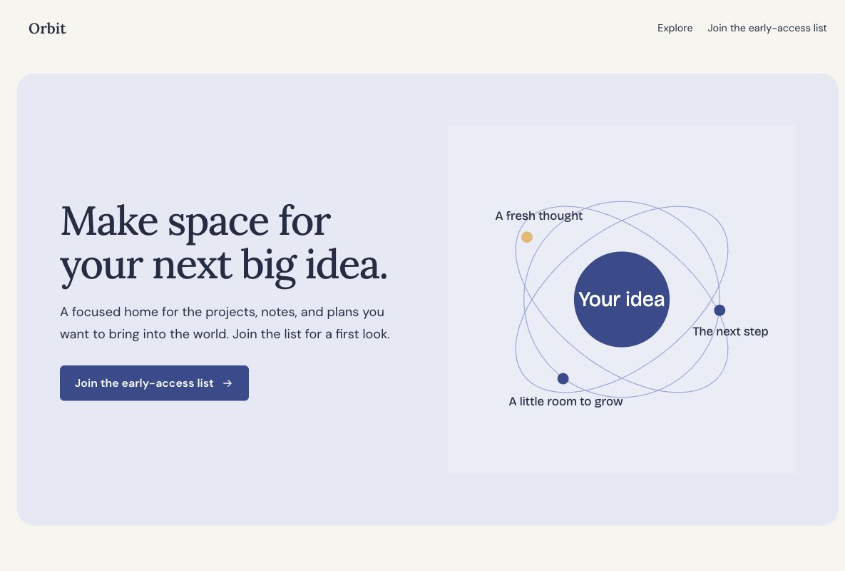 Orbit waitlist: actual landing page design in Youform Pages