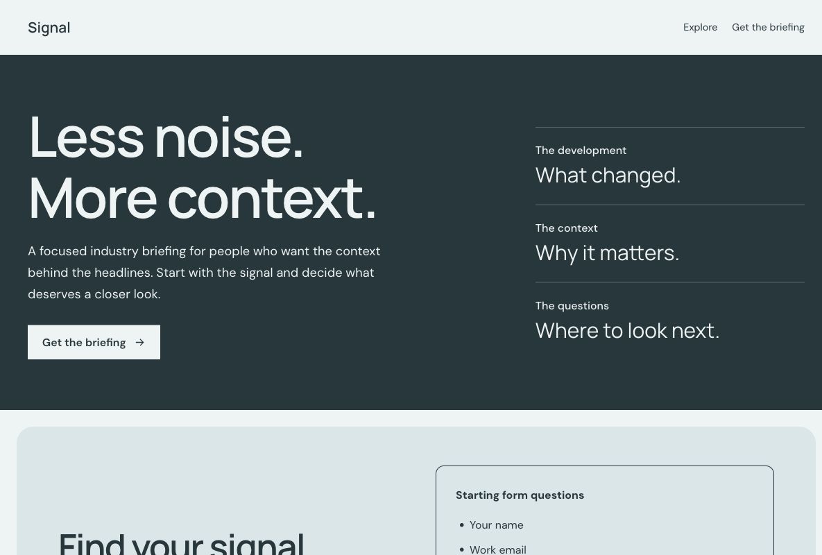 Signal industry newsletter: actual landing page design in Youform Pages