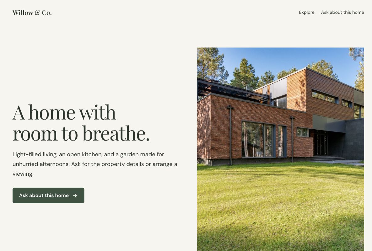 Willow property inquiry: actual landing page design in Youform Pages