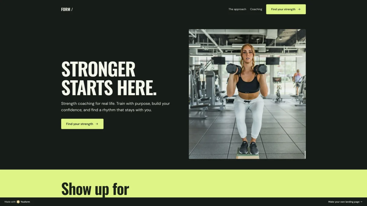 Strength coaching landing page with a bold headline, training photo, and call to action