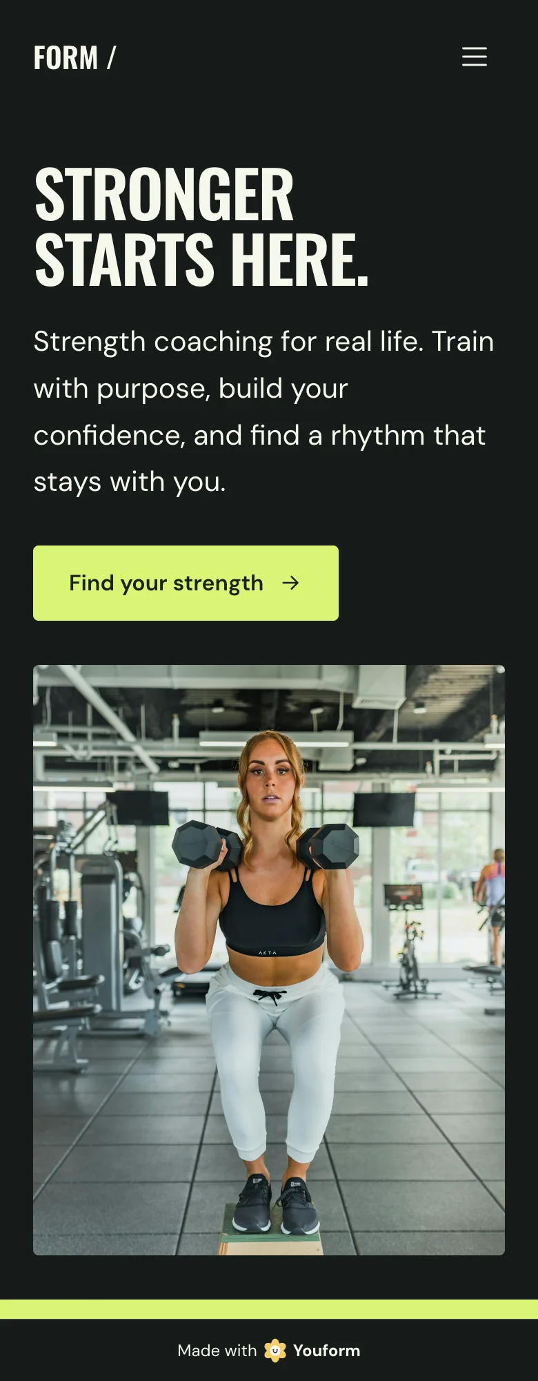 Form strength club example: a dark landing page with lime accents and a fitness photograph