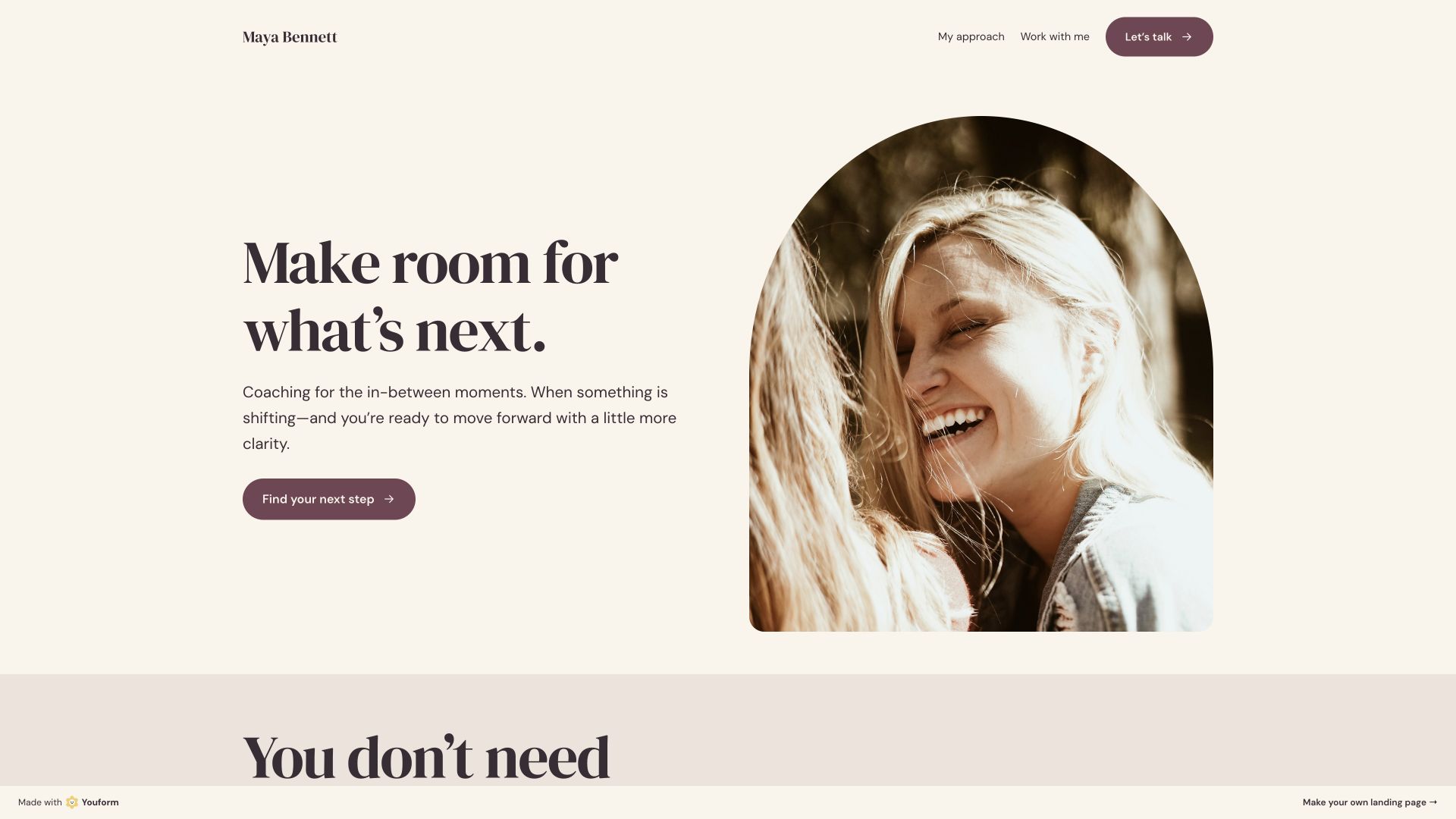 Desktop view of the Maya coaching example: Make room for what’s next, with a portrait and inquiry button