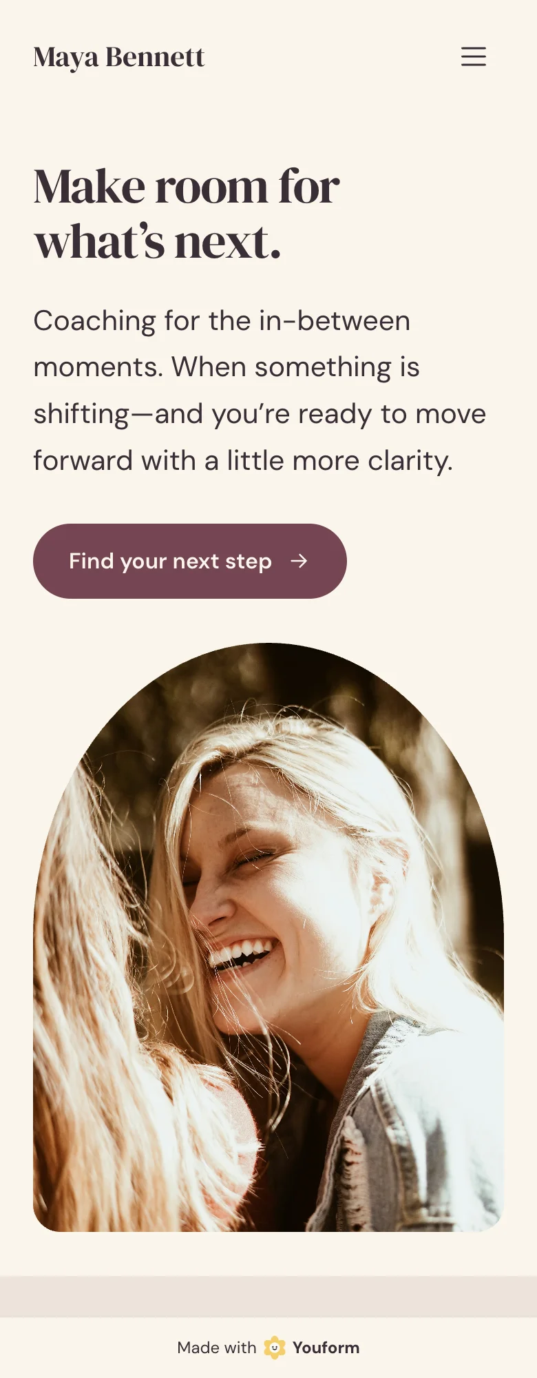 Maya coaching example: a warm, editorial landing page for a coaching practice