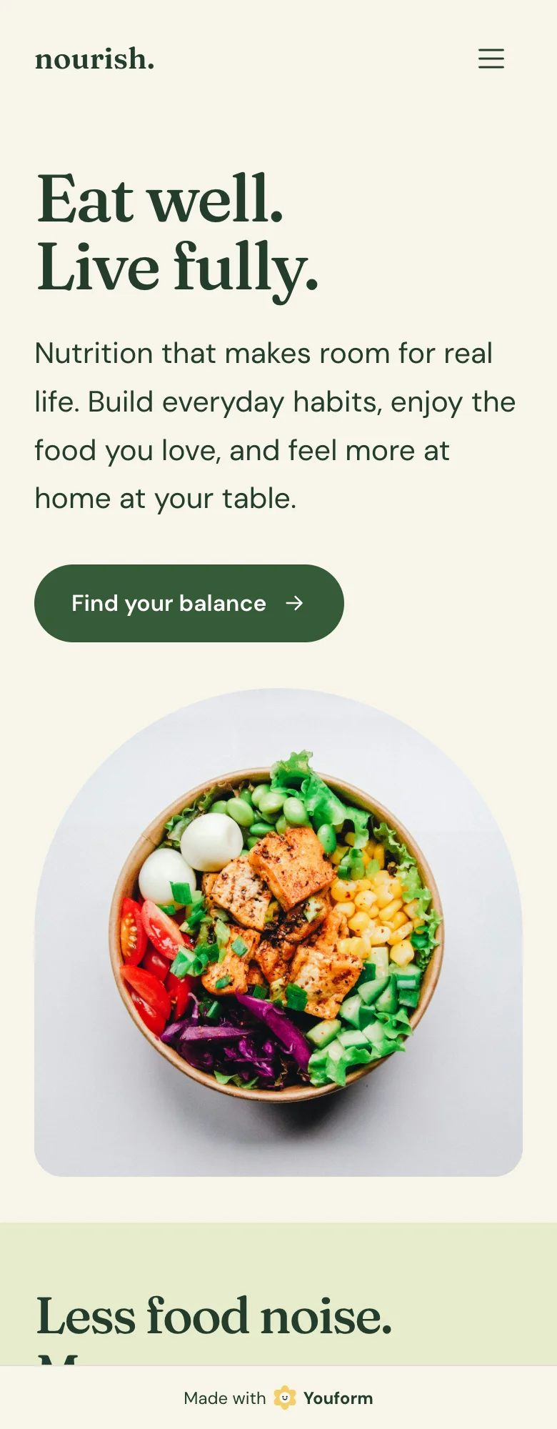 Nourish nutrition example: a calm landing page introducing a nutrition practice