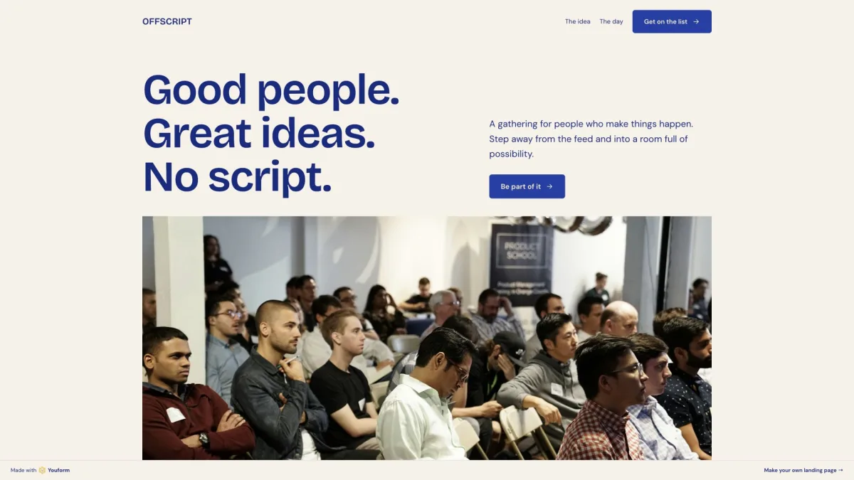 Desktop view of the Offscript event example: Good people. Great ideas. No script., with event details and a registration button