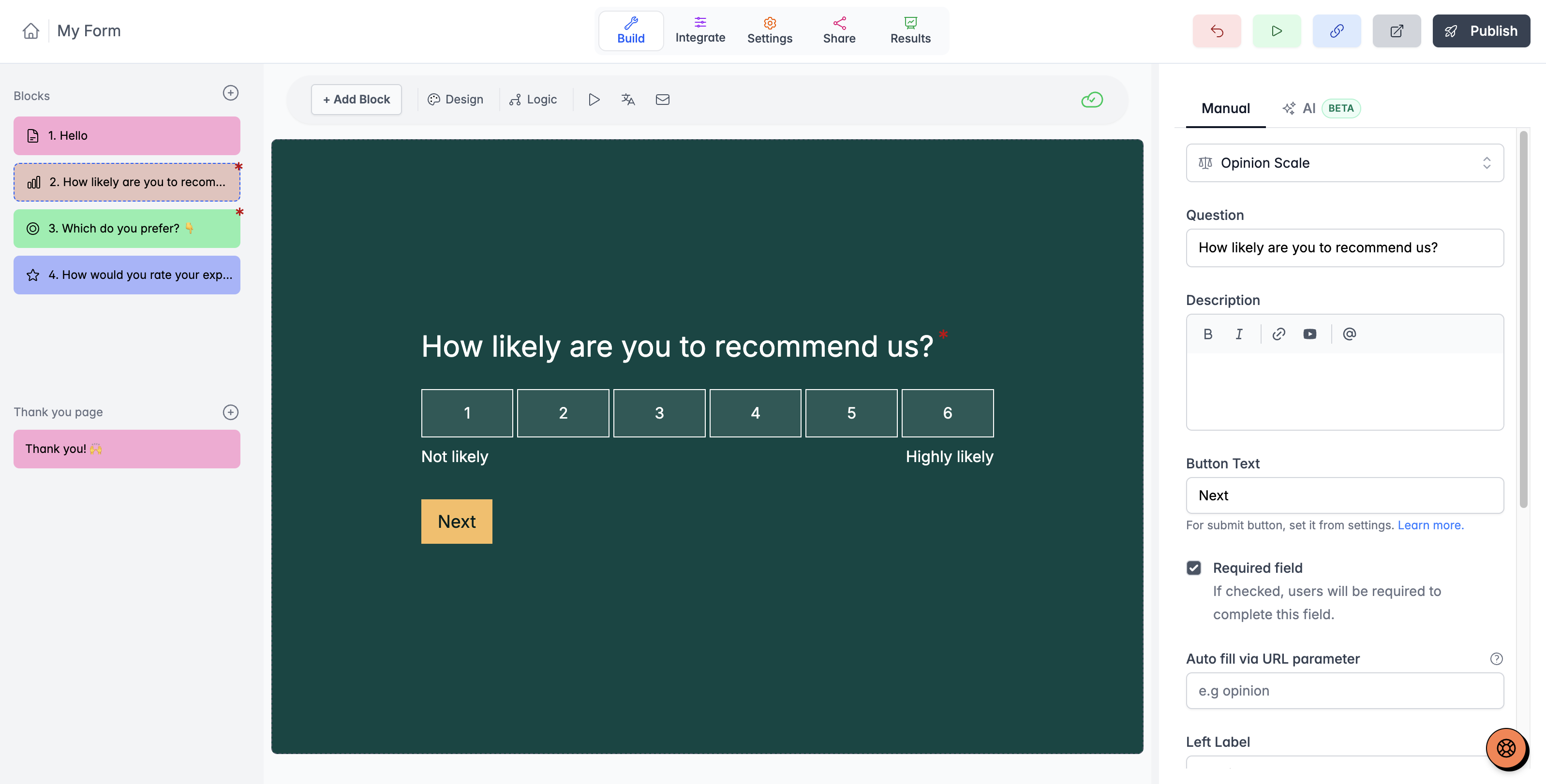 Youform editor with questions and a form preview
