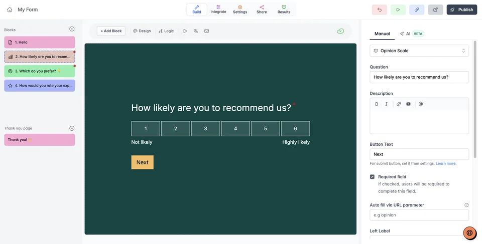 Youform’s editor with question blocks, a live form preview, and design controls.