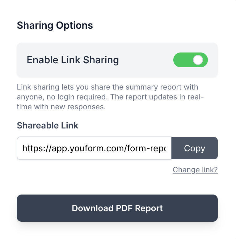 Youform report sharing options with link sharing toggle and download PDF report button